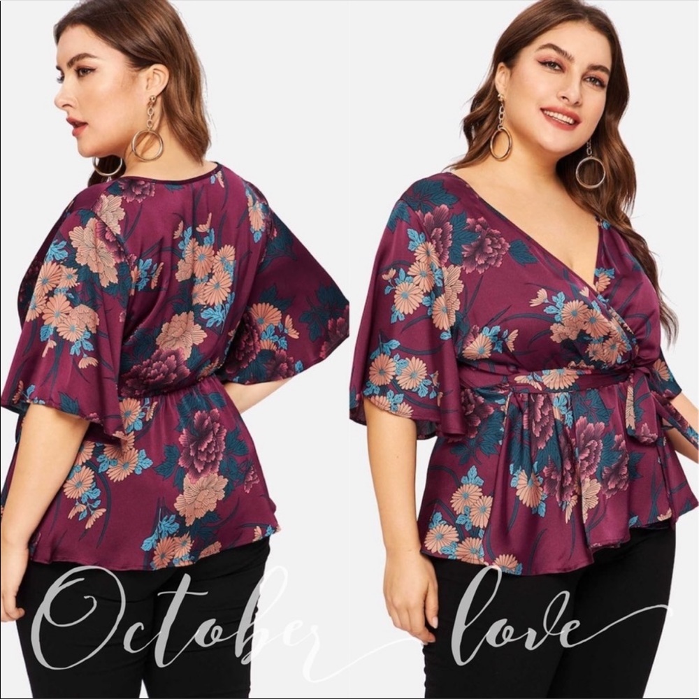 PlUS SIZE Maroon Floral Tops - Picture 3 of 5